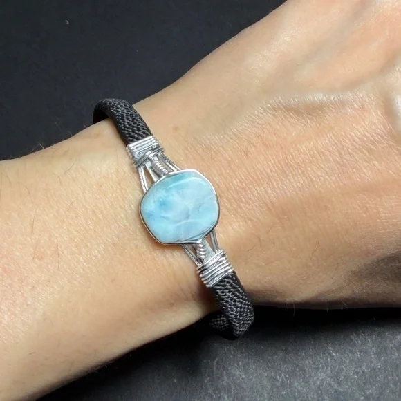 Handmade Natural Larimar Stone & Wire-Wrapped Bracelet - Picture 1 of 11